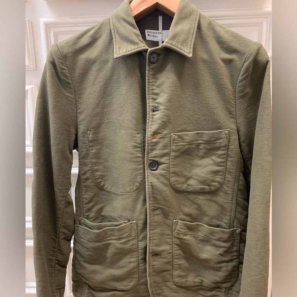 Universal Works. Bakers Chore Jacket in Olive Cotton Moleskin